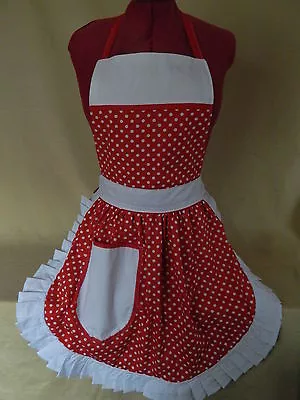 RETRO VINTAGE 50s STYLE FULL APRON / PINNY - RED & WHITE With WHITE TRIM • £25.99