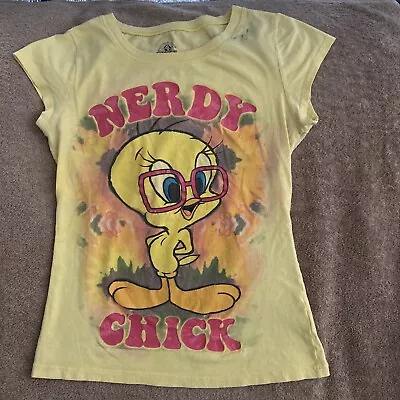 Womens Junior Tee Size M 7-9 Yellow Nerdy Chick Tweety Bird Looney Tunes TShirt • $0.99