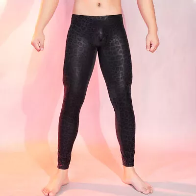 Mens Leather-Look Bulge Pouch Tight Leggings Long Johns Underwear Pants Trousers • £15