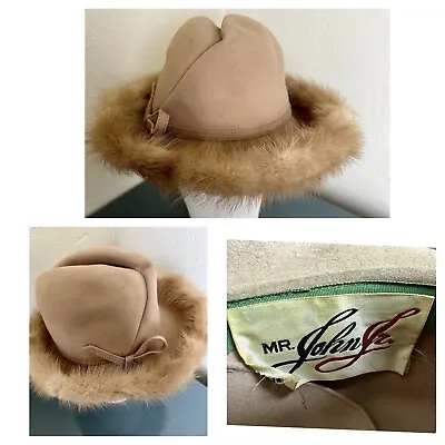MR JOHN JR. VTG 1960s Womens Camel Fedora Wool Mink Fur Trim Hat Excello 6 3/4 • $19.99