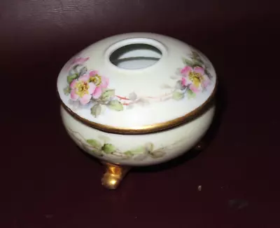 Vintage 3.5  Hand Painted Floral Gilt Round Porcelain Lidded Hair Receiver Dish • $27.62