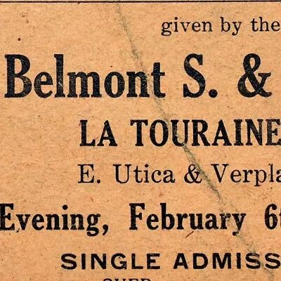 1917 Belmont S & A Club Dance Ticket La Touraine Hall Utica Verplanck Buffalo NY • $72.50