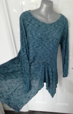 Yong Kim Size 14 Blue White Marl Soft Stretchy Long Tunic Lagenlook Blouse Top • £29.99