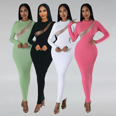 New Stylish Women Mesh Patchwork Long Sleeves Solid Bodycon Club Dress Sexy • $26.78