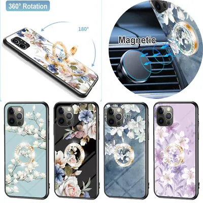 $6.59 • Buy Floral Phone Case For IPhone 14 13 12 11 Pro Tempered Glass With Magnetic Holder