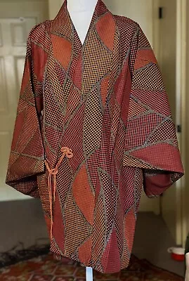 Gorgeous Vintage Silk Haori Kimono Lined Red Orange Black Abstract • $35.90