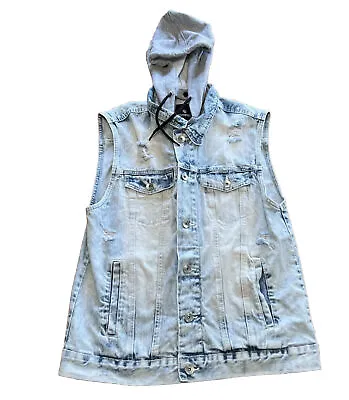 South Pole Distressed Biker Punk Vest Large Blue Denim Acid Wash Detachable Hood • $18.99