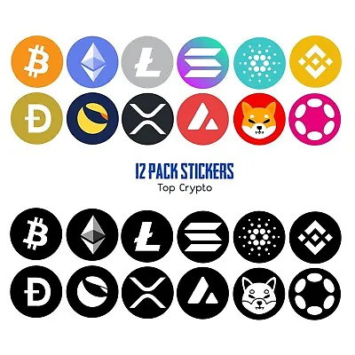 12 PACK LOT Top Crypto Sticker Bitcoin XRP Cardano Doge ETH Decal Cryptocurrency • $5.99