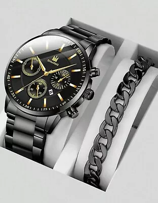 Watch Gift Set For Men Black & Gold With Black Bracelet Watches High Quality UK • £9.99
