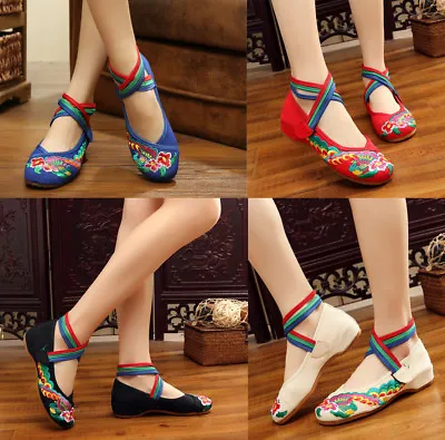 £22.80 • Buy Women Chinese Folk Embroidered Flower Flat Shoes Mary Jane Cotton Ballet Sandals