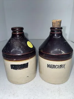 Vintage Brown And Tan Mercury Crock Jugs 2 Pieces Original Cork • $48.95