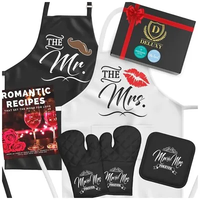 DELUXY Mr And Mrs Cook Together Stay Together Aprons Oven Mitts Wedding Gift NEW • £17.36