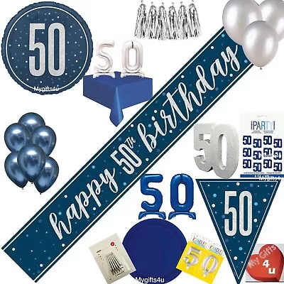 Blue Silver Age 50th & Happy Birthday Party Decorations Bunting Balloons Banner • £2.50