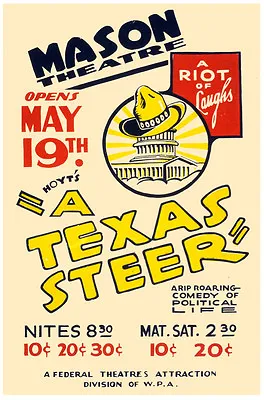 Mason Theater POSTER.Home Wall.Texas Steer.Comedy.Art Decor.321i • $18