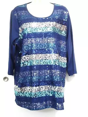 Quacker Factory Blouse Top Size 1X Elegant Embellished Sequins Water Color Blues • $26