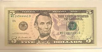 2013 (MD) $5 Five Dollar Bill Federal Reserve Note Cleveland Fancy 5 4s Crisp • $11.95