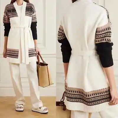 Max Mara Buona Belted Fair Isle Wool Cashmere-blend Cardigan In Ivory Size L • $160