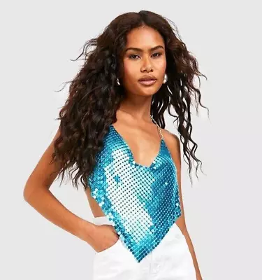 Festival Blue HALTER HANKY HEM CHAINMAIL TOP RRP $50 - New With Tags - Size M • £14.48