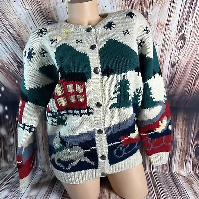 Vintage Eddie Bauer Womens Size Large 100% Wool Horse Sled Cardigan Sweater Top • $59.99