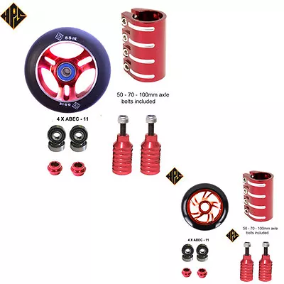 RED SET STUNT SCOOTER METAL CORE WHEELS 100mm ABEC 11 BEARING QUAD CLAMP PEG 110 • £44.99