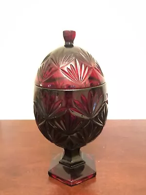 Vintage Ruby Red Pressed Glass Compote W/Lid Egg-Shaped Footed Candy Dish 9   • $30