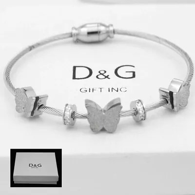 DG Women's 6.5  Stainless Steel Silver Butterfly CZ Cable Bangle Bracelet*Box • $16.95