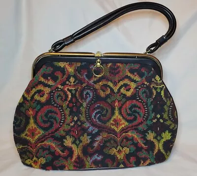 Vintage 1960s Women's Dova USA Black Leather & Colorful Needlepoint Purse • $50