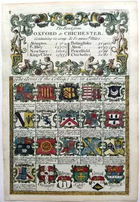 ARMS OF THE COLLEGES CAMBRIDGE BY EMANUEL BOWEN C1720 GENUINE ANTIQUE ENGRAVING • £65