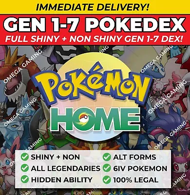 Pokemon Home COMPLETE Gen 1-7 Pokedex | Shiny + Non Shiny | Alt Forms Legendary • $9.89