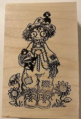 Friendly Scarecrow With Daisies And Bird Mary Helen Gould Wooden Rubber Stamp • $9