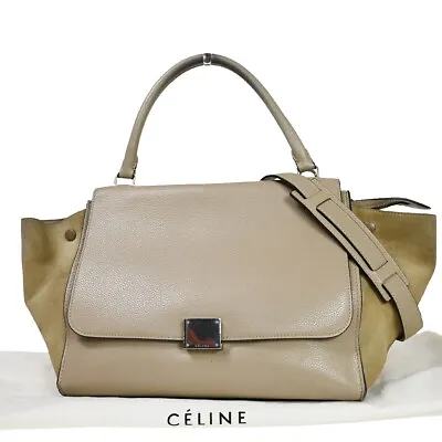 CELINE Trapeze 2Way Shoulder Hand Bag Suede Leather Beige Silver Italy 30YC036 • $250.60
