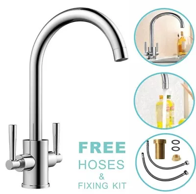 Modern Mono Kitchen Sink Mixer Tap Chrome Twin Lever Swivel Spout Faucet • £28.95