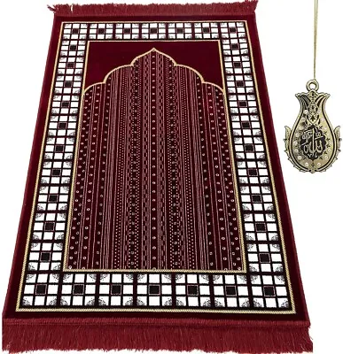 Modefa Islamic Muslim Janamaz Sajadah Velvet Vined Arch Islamic Prayer Rug - Red • $19.98