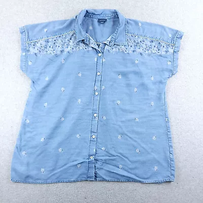 J Jill Denim Shirt Womens Extra Large XL Blue Short Sleeve Floral Lyocell Lace • $19.68