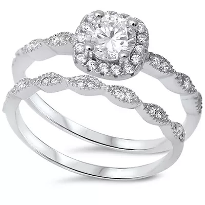 Sterling Silver .925 CZ Halo Round Vintage Engagement Ring Wedding Bridal Set  • $25.95