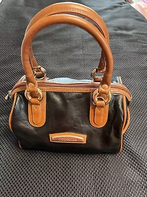 Vintage Capezio Black Leather Handbag Purse Satchel With Brown Leather Trim • $16.99