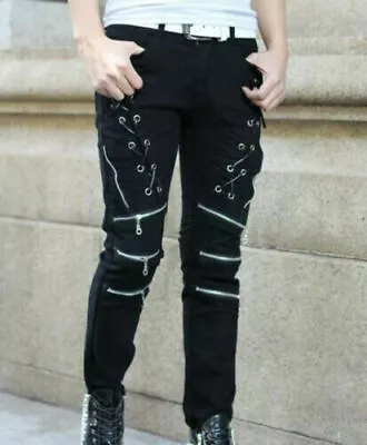 Punk Black Mens Cotton Zipper Cool Goth Pants Slim Fit Skinny Trousers Plus Size • $31.14