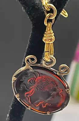 Yellow Metal Gold Tone Right Faced Intaglio Amber Glass Bar Watch Fob Pendant • $44.99