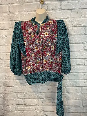 Vintage Diane Freis Georgette Side Tie Rufflre Trim Embroidered Blouse Sz M/L • $32.99