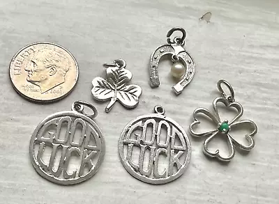 Vintage 5 Sterling Charms GOOD LUCK Messages SHAMROCK CLOVERS HORSESHOE • $15.93