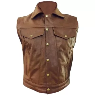 Mens Real Cow Leather Brown Motorcycle Biker Style Vest Waistcoat • £64.99