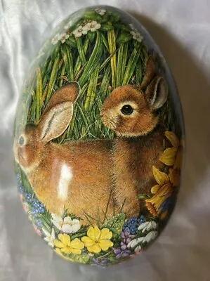 Vintage Easter Egg Tin W/ Bunny Rabbits & Flowers - Made In Hong Kong - 5 Inches • $8.50