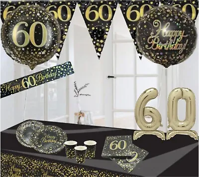 Age 60th & Happy Birthday Party Decorations Black Gold Bunting Banners Balloons • £5.15