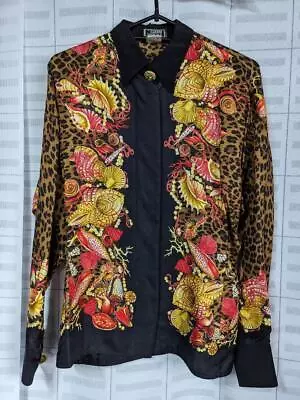 Gianni Versace Vintage Silk Shirt Leopard Print Dress Shirt Medusa Button Women • $390.77