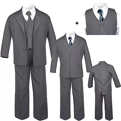 $52.95 • Buy 6pc Baby Toddler Boy Dark Gray Formal Wedding Party Tuxedo Suit Checker Tie S-20