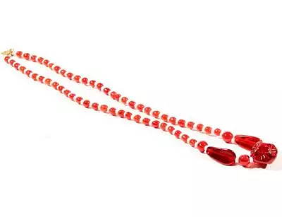 Vintage Czech Necklace Red Teardrop Round Pinched Flower White Glass Beads 16  • $18