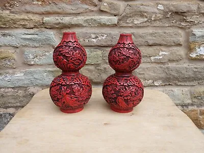 Pair Of Vintage Chinese Cinnabar Style Double Gourd Vases • £20