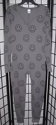 Victoria's Secret Pink M Gray Happy Face Thermal One Piece Long Jane Pajamas • $62.39