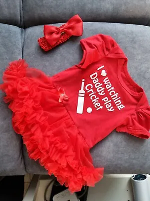 Baby Girl Red Tutu Romper I Love Watching Daddy Play Cricket Size 3-6m • £7