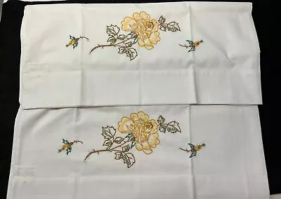 Pair Of Vintage Yellow Flowered Embroidered Pillowcases • $9.99